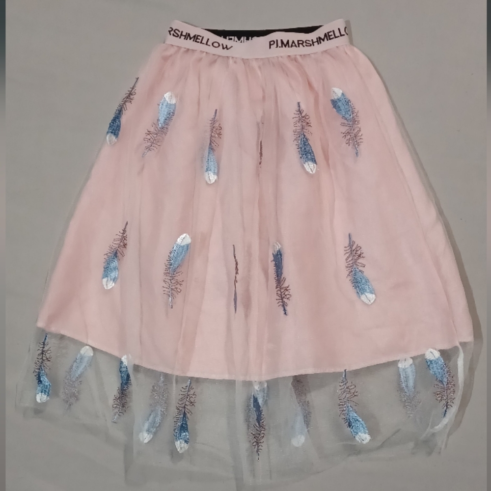 Girls Pink 2 Layers Tulle Skirt with Feather Embroidery